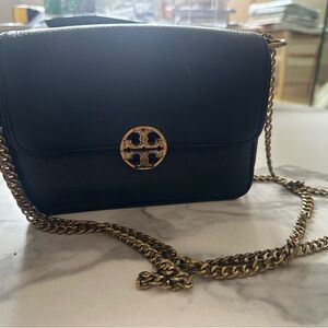Tory Burch Black Leather Crossbody with Gold Logo Chain